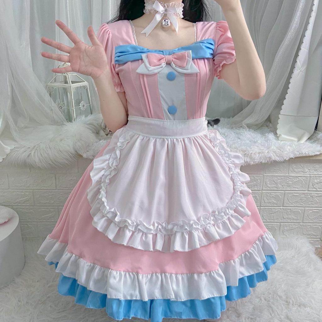 Café Style Cute Lolita Maid Outfit - Pink & Blue Bow Dress for Women