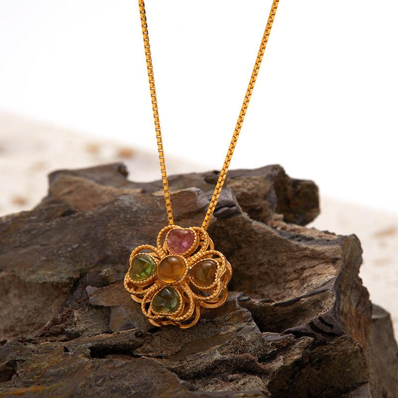 

Fashion Light Luxury S925 Sterling Silver Natural Tourmaline Colored Treasure Necklace Women S Trend Love Four-Leaf Clover Pendant Collarbone Chain