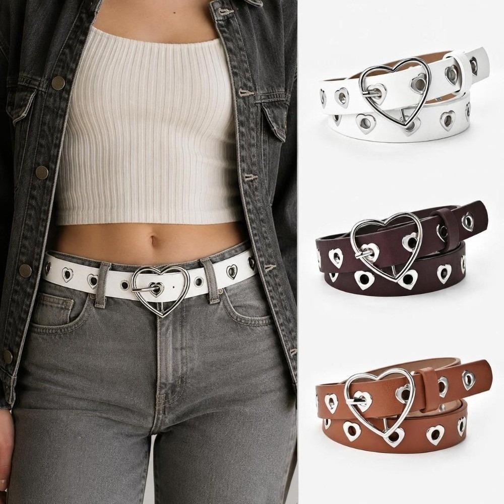 Hollow Heart Eyelet Faux Leather Belt Versatile Fashion Waist Belt Heart Buckle Belt  For Women