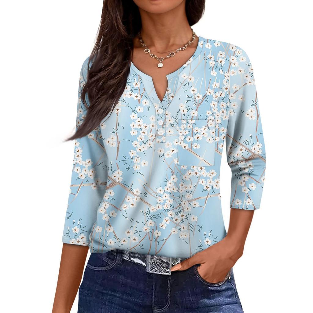 Women's Casual Fashion V-neck Loose Versatile Floral Print Three-quarter Sleeves