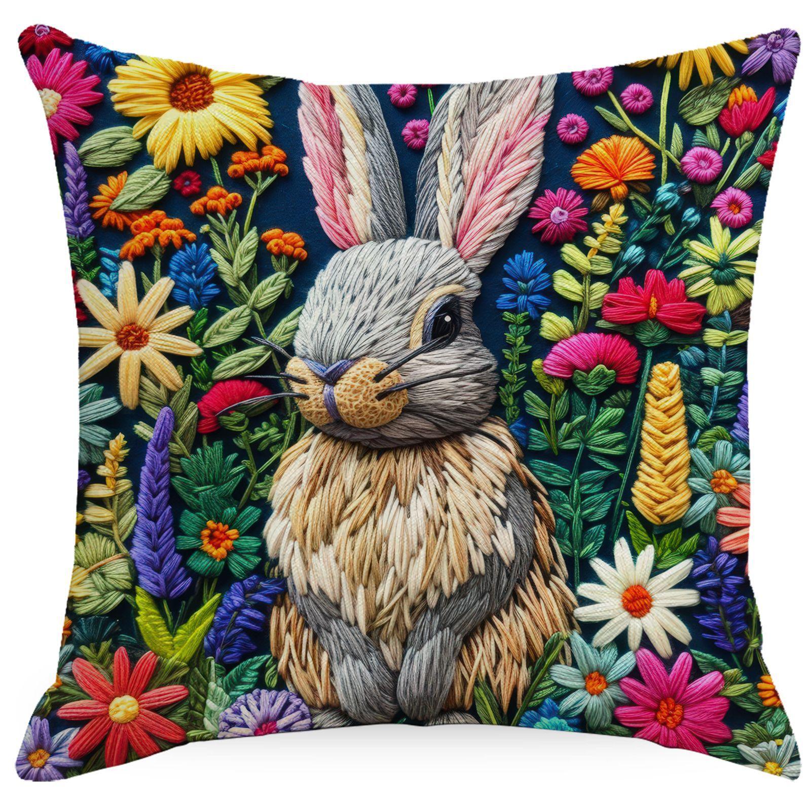 

Новая весенняя наволочка с имитацией вышивки, с цветочным принтом и кроликом, льняная, печатная, домашняя, наволочка для подушки 45 * 45Cm