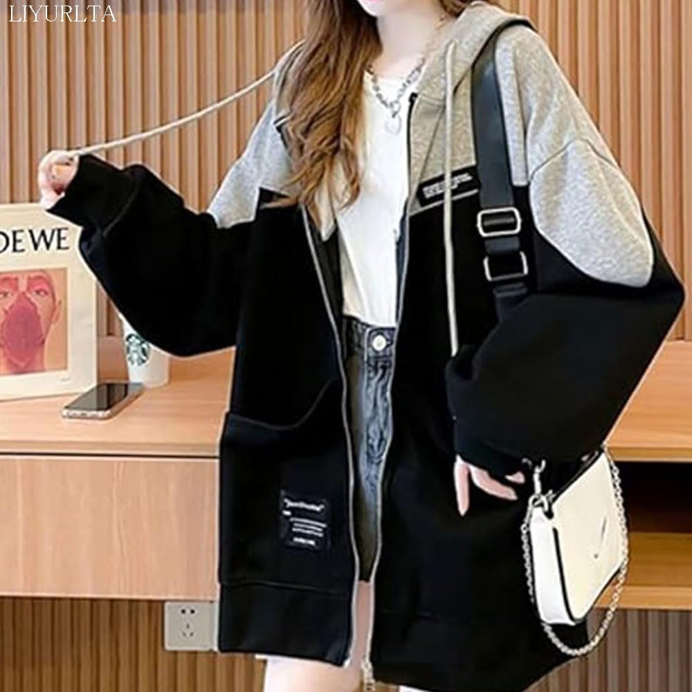 LIYURLTA Loose Fit Hoodie with Fleece Stylish Outerwear for Spring and LIY69 Women's Zip-Up Lining, Autumn, (2XL, Gray)
