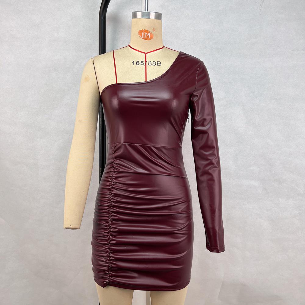 2025 Sexy One-Shoulder Single-Sleeve Ruched Bodycon PU Leather Mini Dress