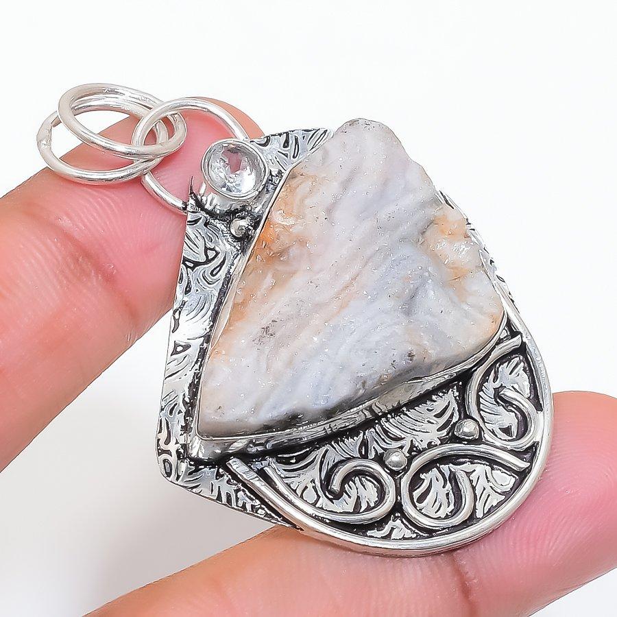 Natural Desert Rose Druzy, Tsavorite 925 Sterling Silver Pendant 2.21" ZS-135