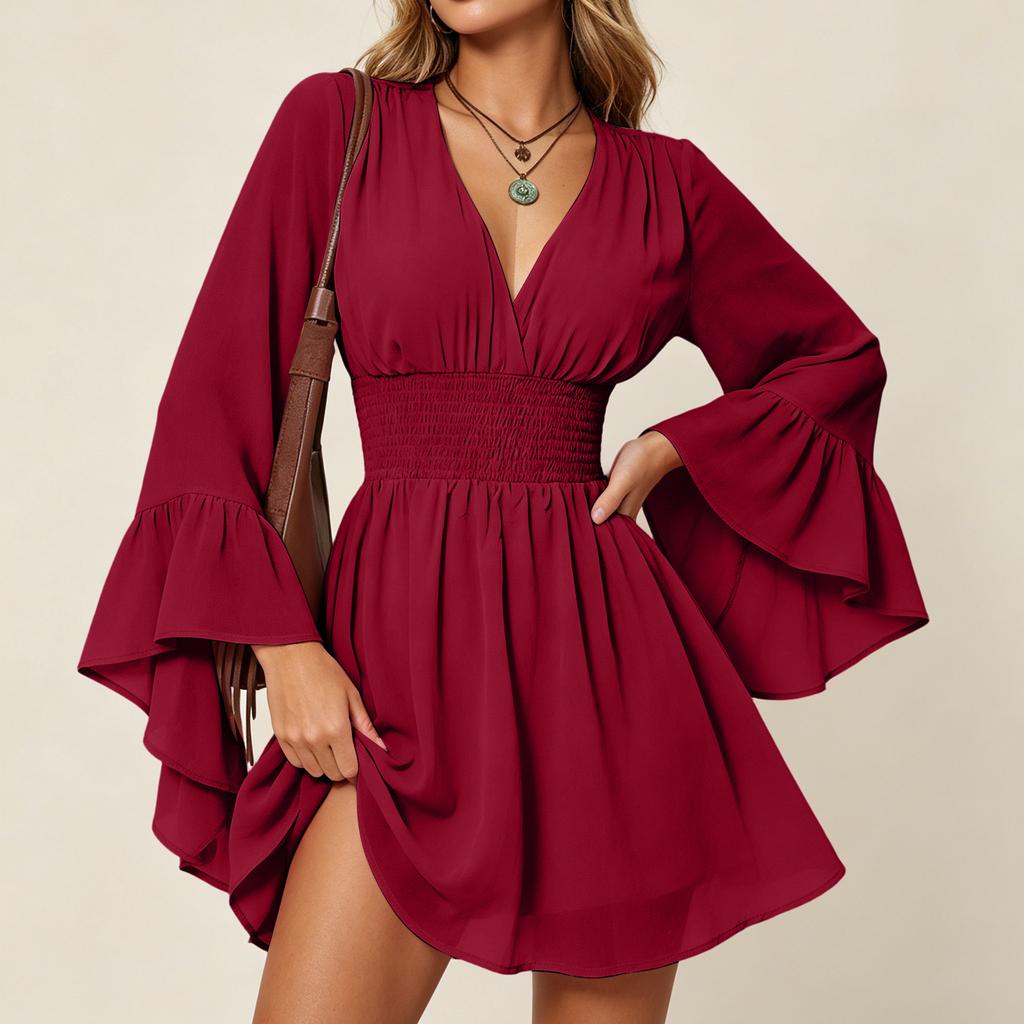 Women Long Sleeve Dress V Neck Flared Sleeve Waistband Mini Dress Casual Elegant Party Dress