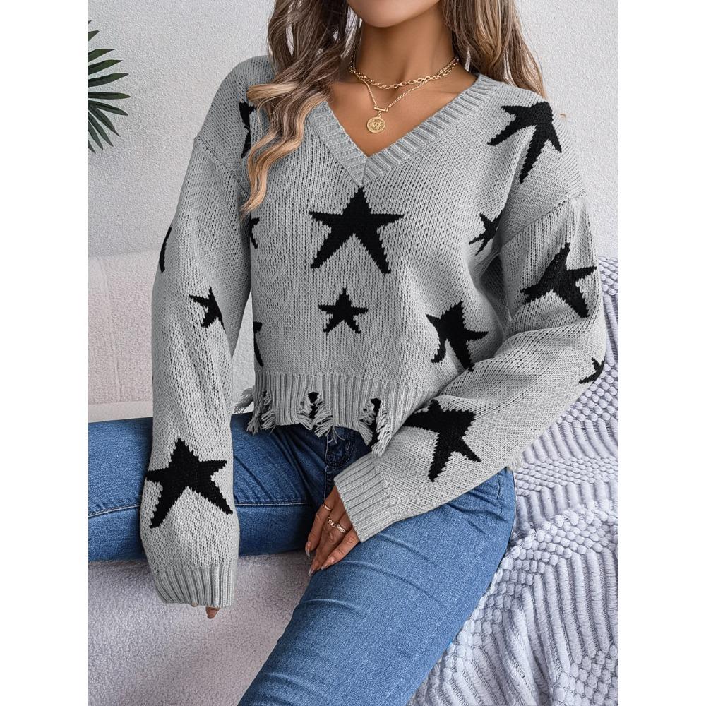 Autumn/Winter Casual V-Neck Star-Print Distressed Long-Sleeved Knitted Pullover for Women