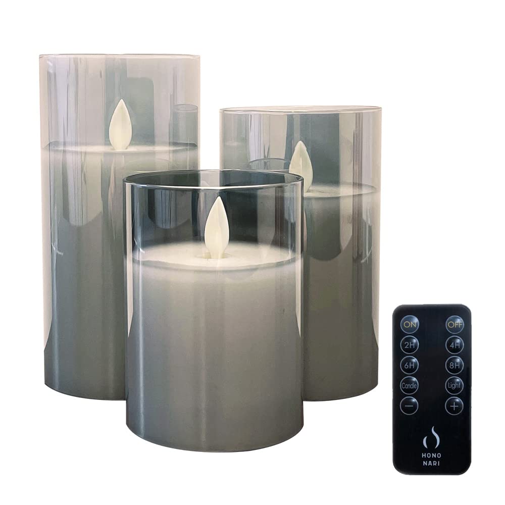 Hononari LED Candlelight Set (3 pieces: large, medium, and small) with dedicated remote control, indirect lighting, glass, gray.