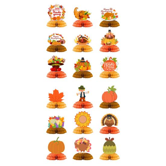 9 Pcs Fall Thanksgiving Honeycomb Decor Paper Pumpkin Maple Leaf Turkey Centerpiece 3D Honeycomb Standing Table Topper for Autumn Harvest Kitchen