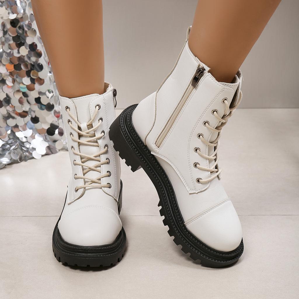 Fashion Short Boots Women Autumn New Ladies Lace-up White Ankle Boots Thick Bottom Women's Shoes Casual Round Toe Short Botines