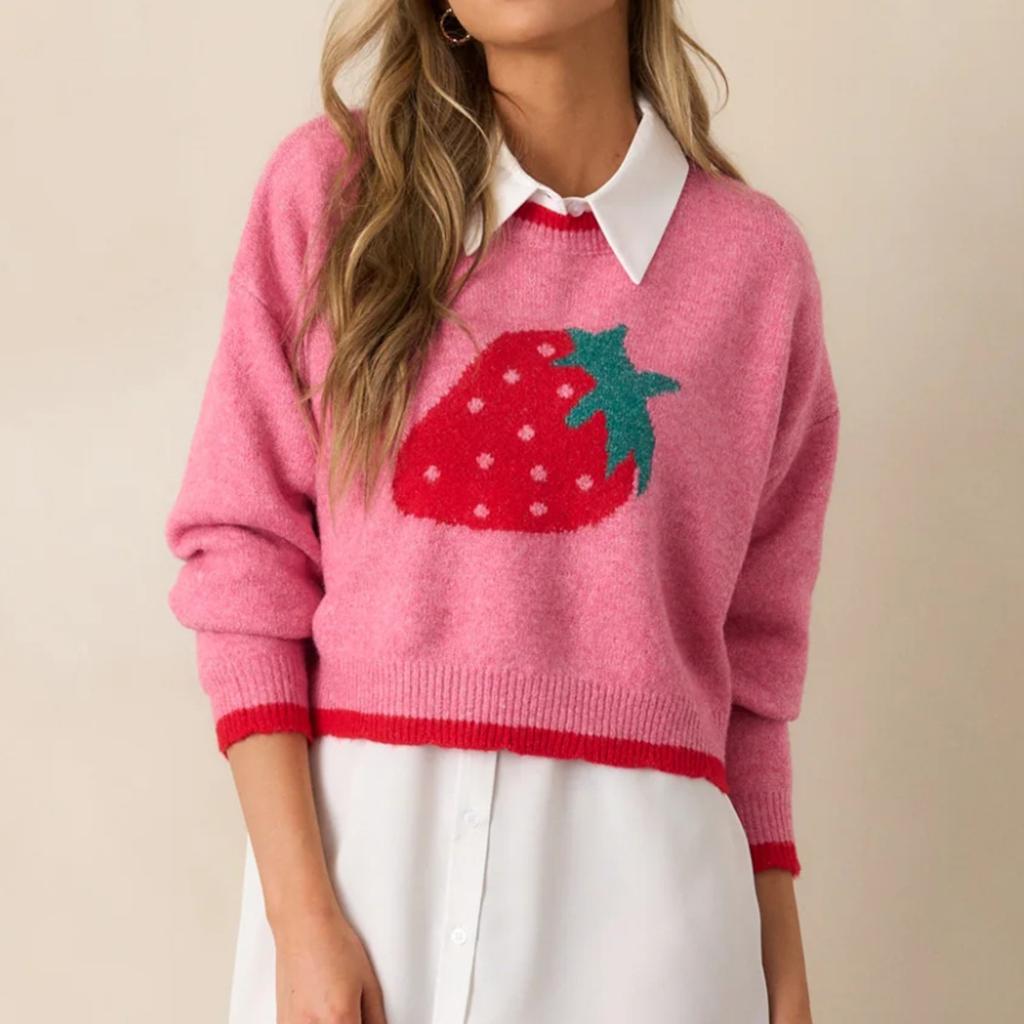 Autumn Winter Strawberry Print Knitted Sweaters Long Sleeve Loose Jumper Crop Tops Women Sweater Pullover Ladies Casual Shirts