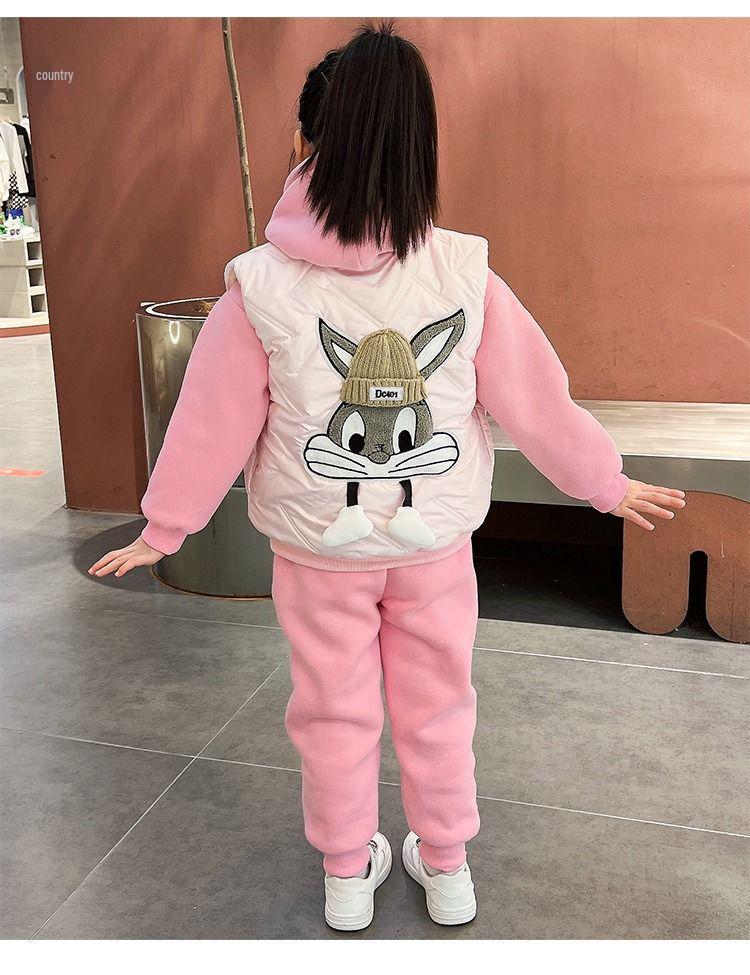 2025 Girls' Autumn/Winter Hoodie Set: Fleece-Lined Vest & Thickened Small Fragrance Style for Medium/Large Children