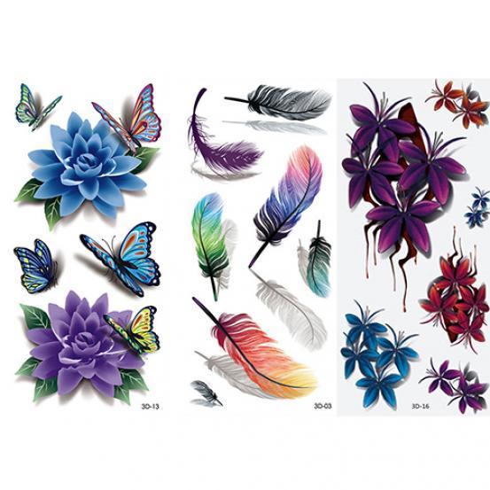 2 Pcs 3D Body Art DIY Stickers Temporary Tattoo Butterfly Flower Feather Sticker