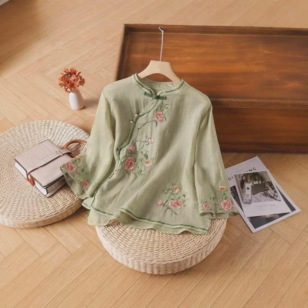 Women's Ethnic Cotton Embroidered Top - Chinese Slanted Placket with Frog Buttons, Artistic Summer Shirt
