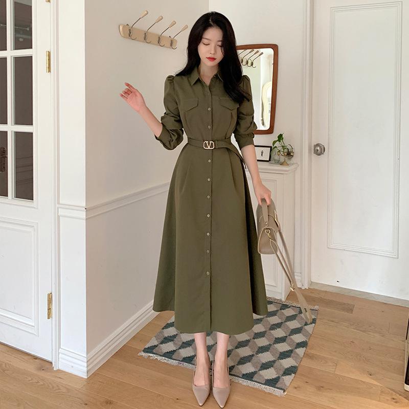 

Chic Korean Lace-up Waist Dress for Autumn/Winter: French Style, Mature Look One Size армія зелений колір