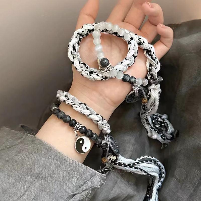Handmade Braided Bracelets For Women Men Chinese Yin-Yang Peace Charm Double Layer Stackable Bead Bangle Adjustable Jewellery