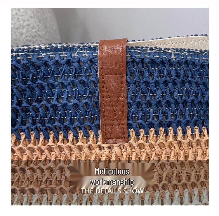 Striped Straw Woven Tote Bag - Large Capacity Beach Vacation Shoulder Bag