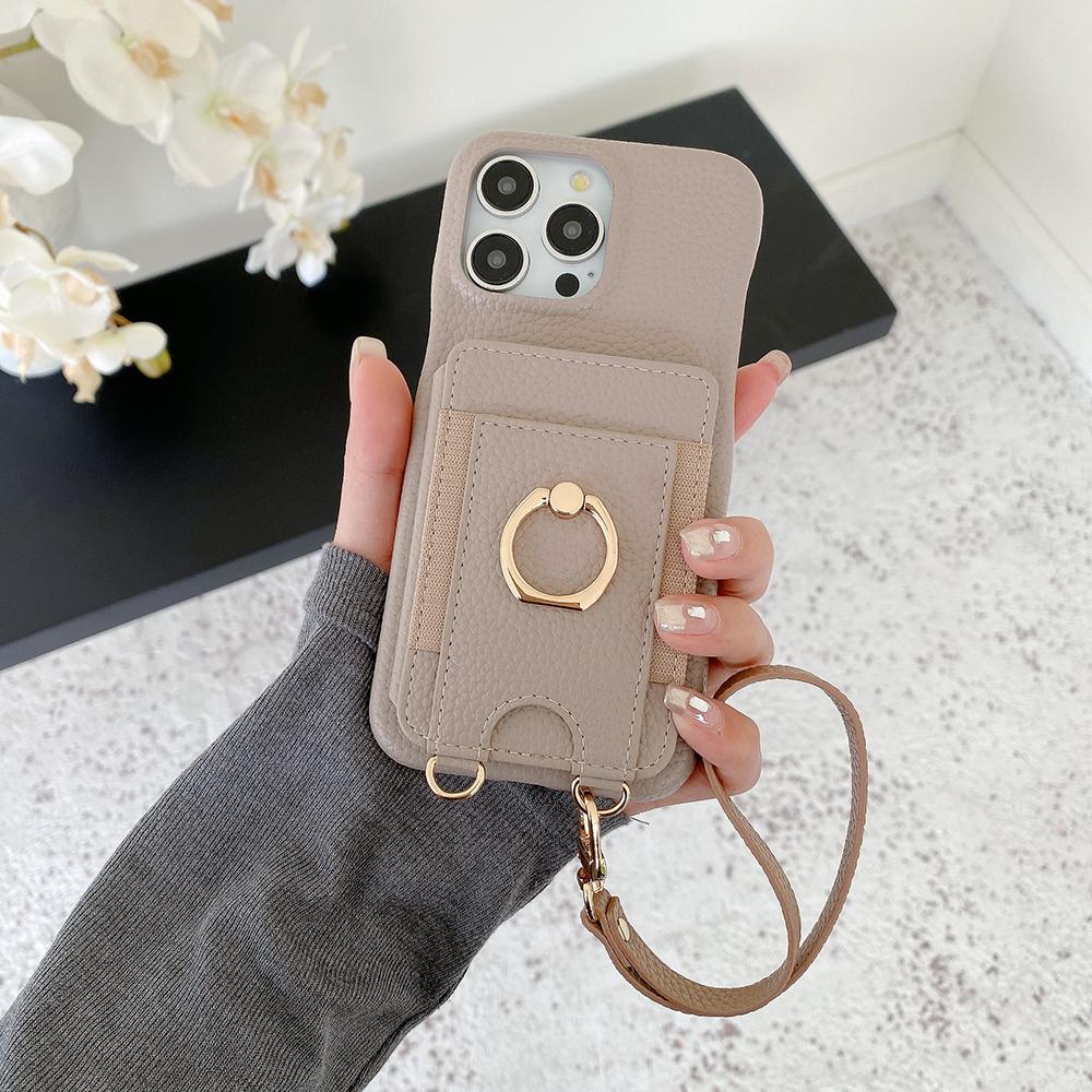 For iPhone 14 Pro Case Card Slots Kickstand PU Leather Back Cover with Ring Holder,Wrist Strap