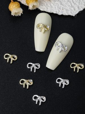 Gold Silver Bow Nail Charms 10pcs 3D Alloy Nail Art Decorations DIY 2025 Gift For Girls