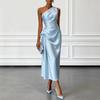 Women One Shoulder Satin Midi Dress Ruched Waist Elegant Wedding Guest Formal Evening Party Dress