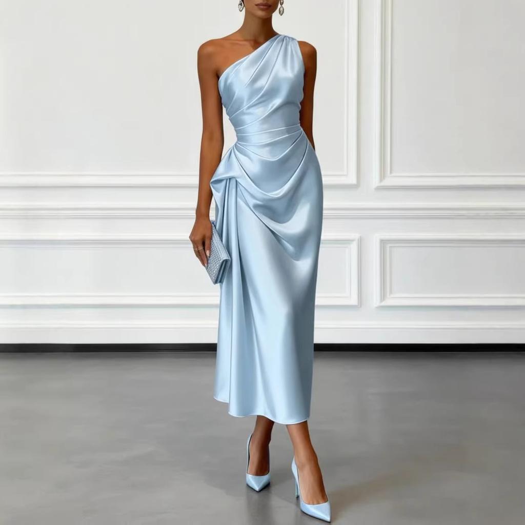 Women One Shoulder Satin Midi Dress Ruched Waist Elegant Wedding Guest Formal Evening Party Dress
