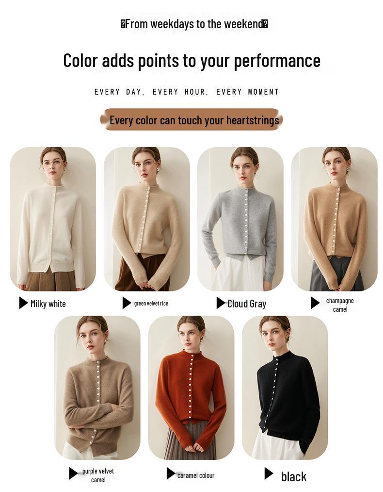 100% Pure Cashmere Buttoned Cardigan - Autumn/Winter Loose Half-High Collar Short Sweater
