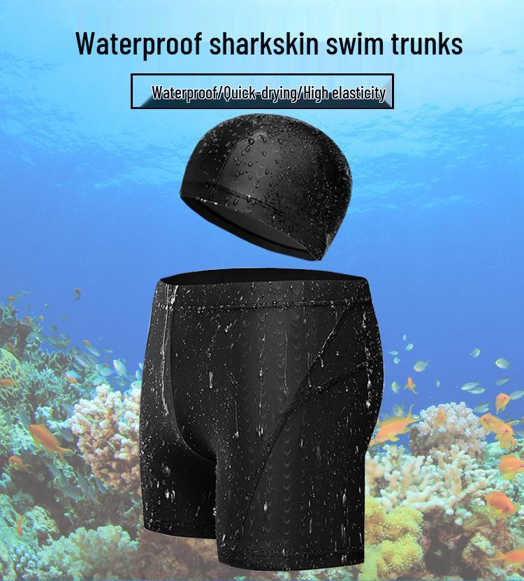 Men's Shark Skin Waterproof Swimming Trunks with Cap - Plus Size Available