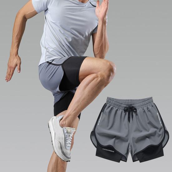 Men Beach Shorts Loose Double Layers Quick Dry Conservative Breathable Swimming Elastic Waist Plus Size Solid Color Swimming Trunks Water Sports