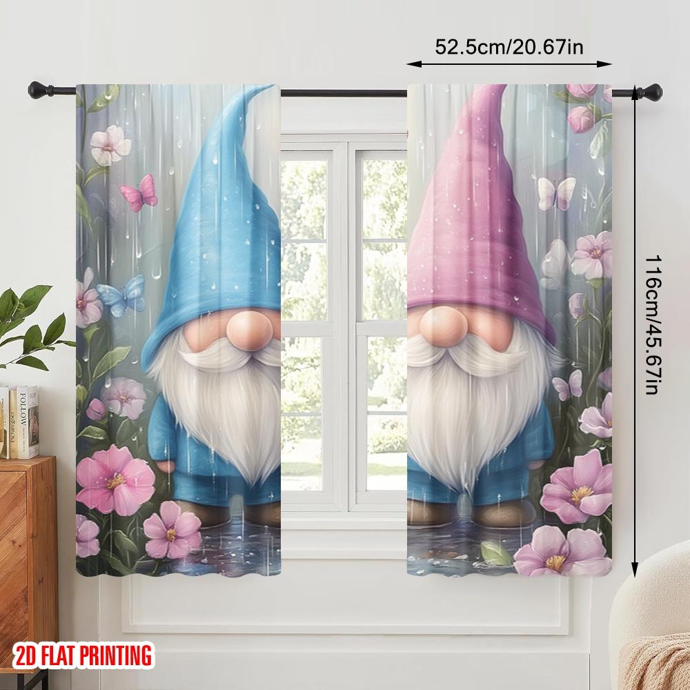 2pcs  2D plane printing Curtain Popular Cute Gnomes Butterflies Rain Flowers_a (3) 100% Polyester (without rod) Art Deco Festive