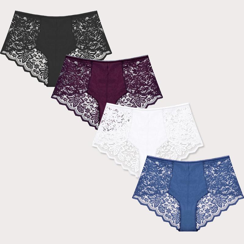 

FINETOO 4 шт. Модные сексуальные трусики Удобные брифы Изысканные шорты Однотонное нижнее белье Кружевной бантик Стринги Ажурные Женское нижнее белье XXL&Set