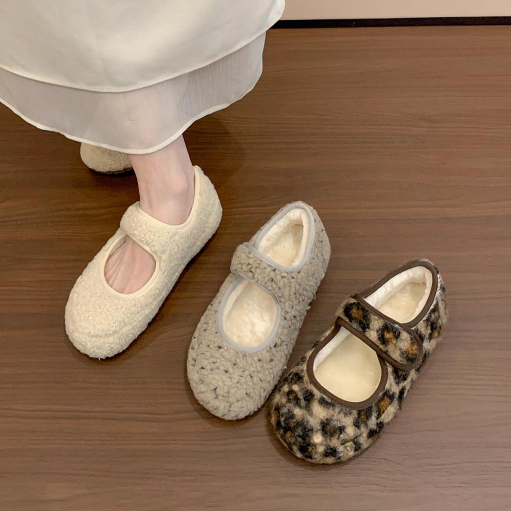 Fairy Wind Leopard Print Velvet Mary Jane Shoes Women's Bread Shoes Gentle Warm Fluffy Shoes Wear Cotton Shoes