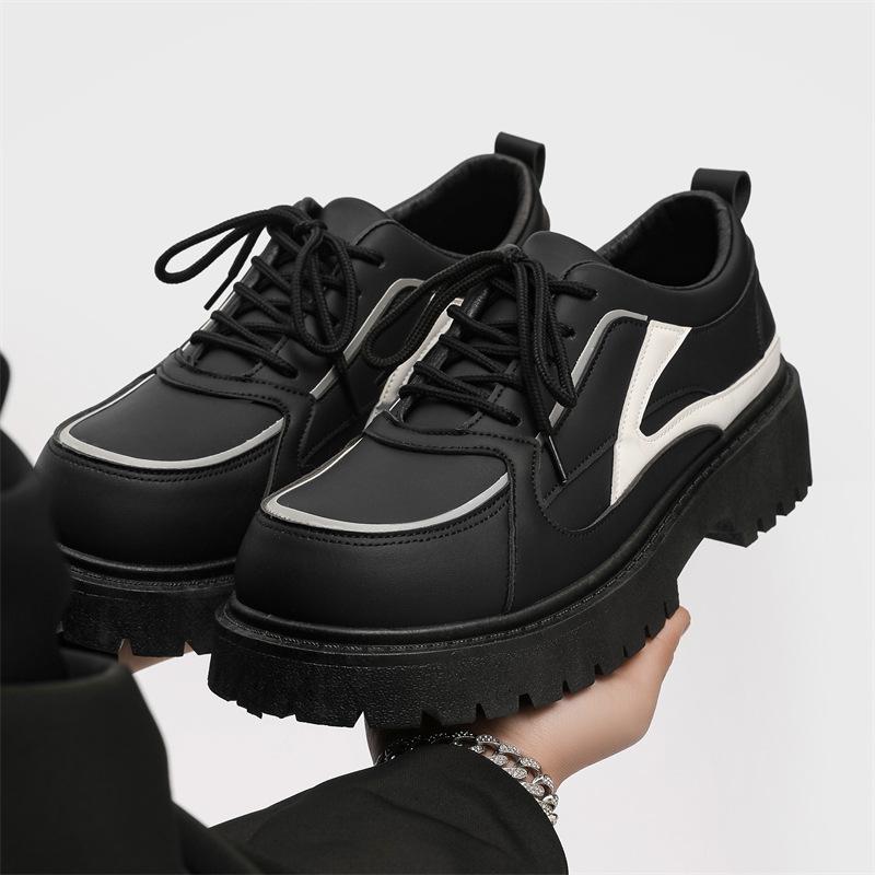 Men's Black Leather Height-Increasing Casual Shoes with Thick Sole - Korean Style Trendy Sneakers for All Seasons