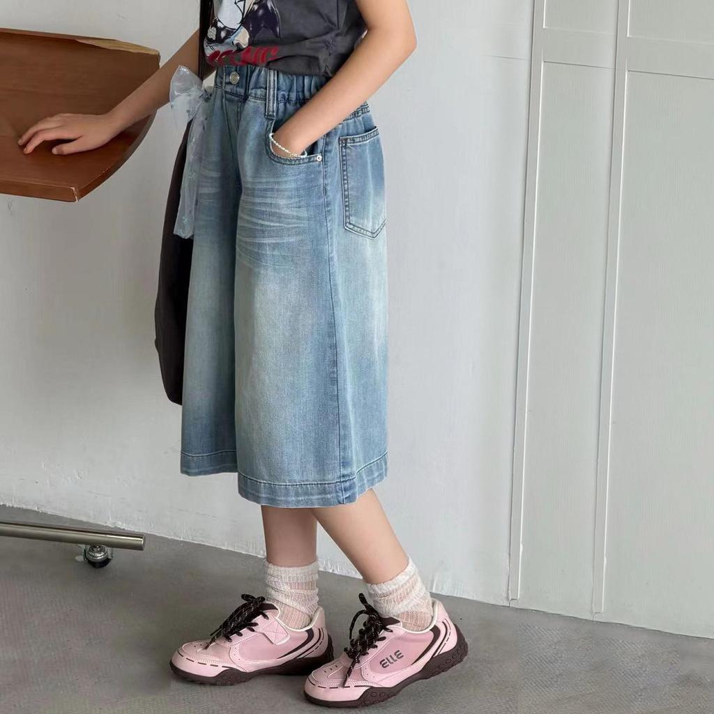 2026 New Style Girls' Summer Wide-Leg Denim Pants - Stylish, Loose, and Lightweight for Kids