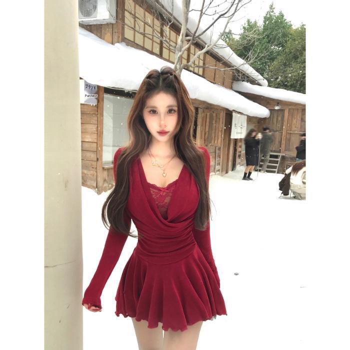 Plus Size Curvy Girls Black French Drape Neck Lace Waist-Cinching Short Dress - Sexy Spring/Autumn Temperament