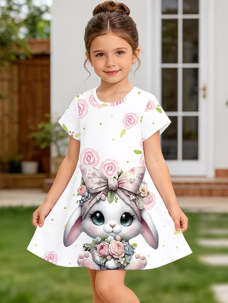 Girl Clothes Cute Rabbit Graphic Printed Girls' Princess Dress Summer Casual Dress for Girls Outfit O-Neck Birthday Gift Clothes