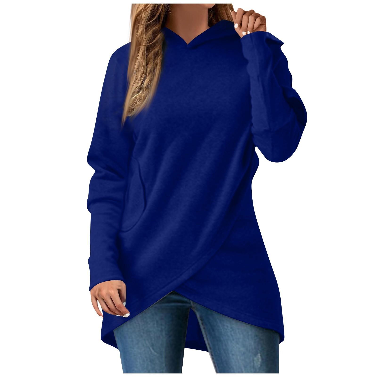 

Женский свитер с длинными рукавами и неровным низом, повседневная толстовка с капюшоном, однотонный топ L синий