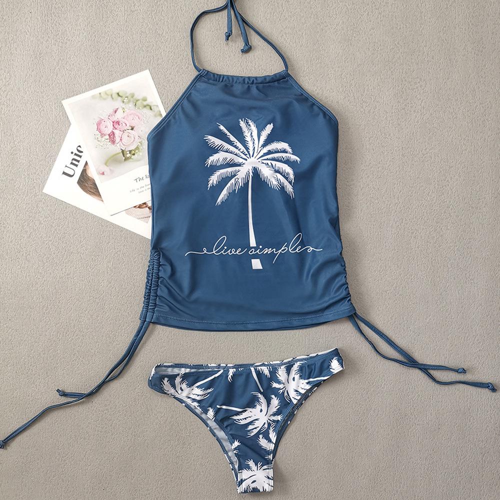 23-Year Coconut Tree Print Halter Neck Tie-Up Tummy Control Plus Size Women's Bikini