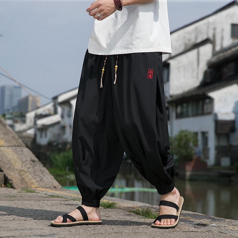 Chinese Style Beach Pants Men's Loose, Wide Leg, Leg Tied Cropped Pants