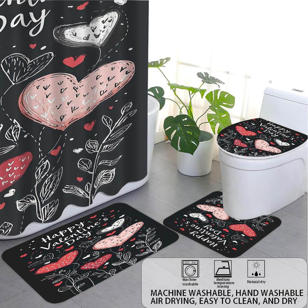 4 Stück Valentinstag Romantische Liebe Schwarz Bedrucktes Badezimmer-Set 180x180 Wasserdichter Duschvorhang Fußmatte U-förmige Toilettenmatte