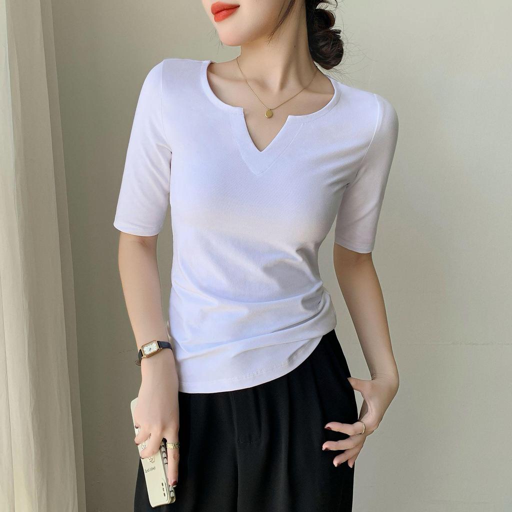 Women's Pure Cotton Slim Fit V-Neck Short Sleeve T-Shirt - Versatile for Spring, Autumn, and Winter