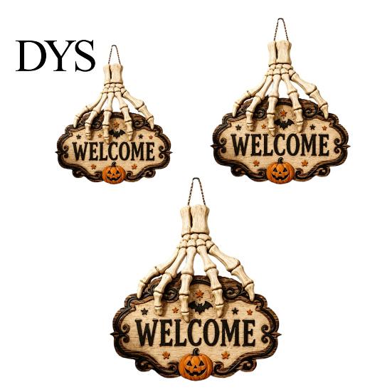 Decorative Wooden Hanging Craft Skeleton Hand Door Welcome Sign, Halloween Pumpkin Bat Pattern Decor, Creepy Skull Theme Signage Wall Plaque,