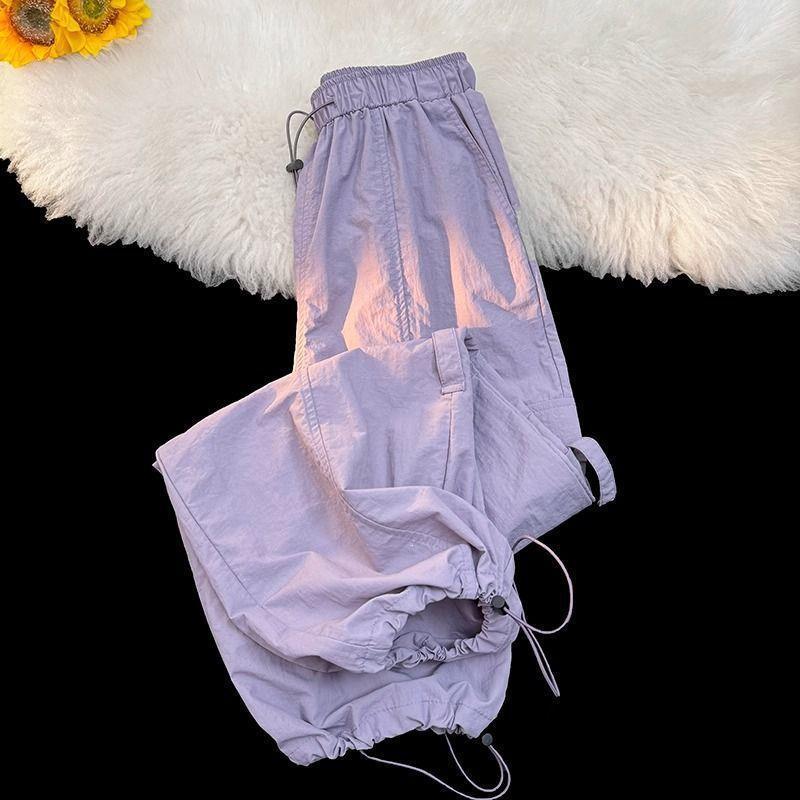 Retro Purple High-Waisted Straight-Leg Cargo Pants - Spring Loose-Fit Sport Wide-Leg Style