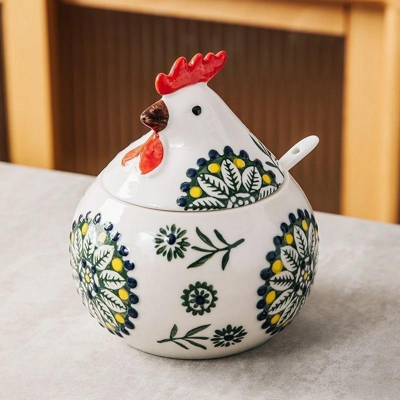 Creative Rooster Ceramic Spice Jar, Large Capacity Seasoning Container, Kitchen Storage & Pepper Holder