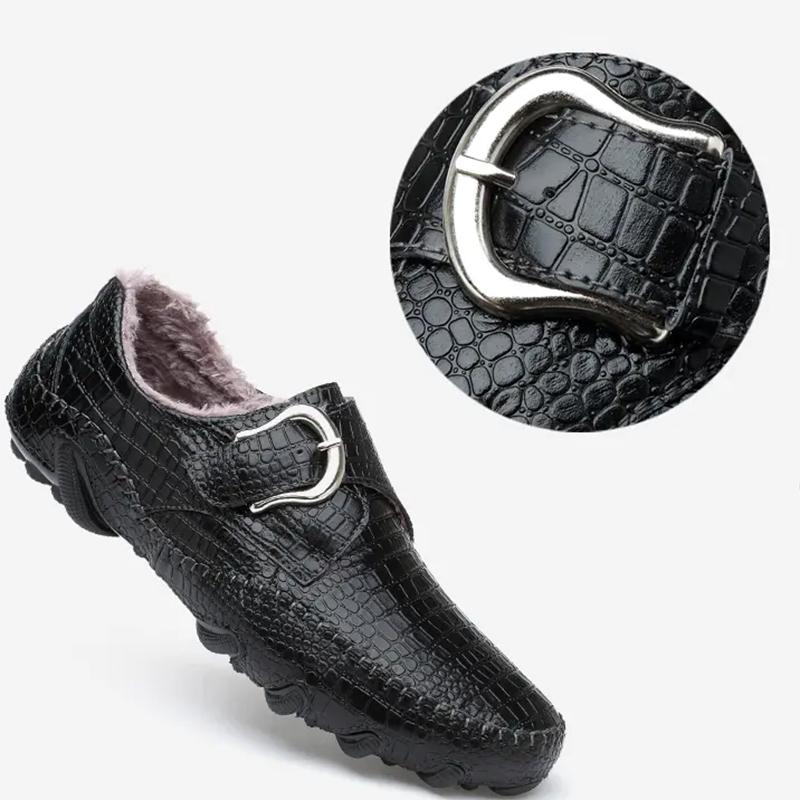 Fashion Winter Warm Fur Loafers Men Leather Casual Shoes Men Walking Footwear Non-slip Thick Sole Warm Men Sneakers Leather Moccasins