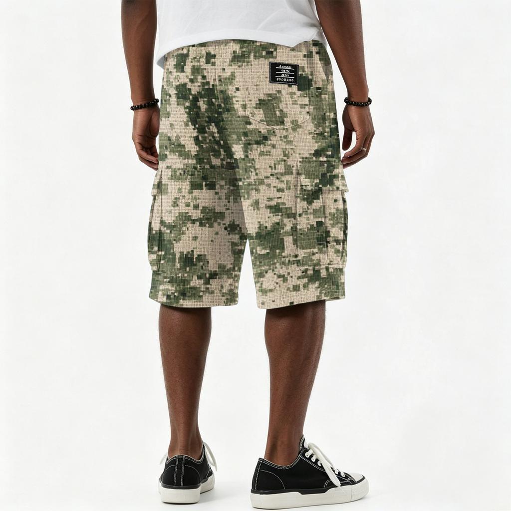 Pantaloncini cargo da uomo casual con stampa sfumata, coulisse, tasche multiple, lunghezza al ginocchio, vestibilità comoda, materiale leggero