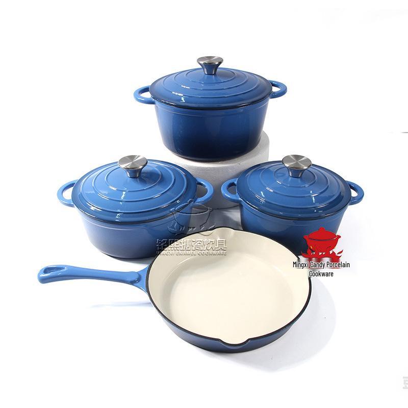 Enamel 4-Piece Cookware Set: Soup Pot, Stew Pot, Frying Pan, Non-Stick Pan for Home Use