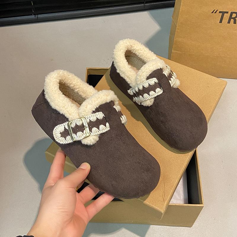 

Thick-soled heightening embroidery lace velvet women s new winter warm cotton shoes, one pedal fluffy shoes 40 темно-коричневого кольору