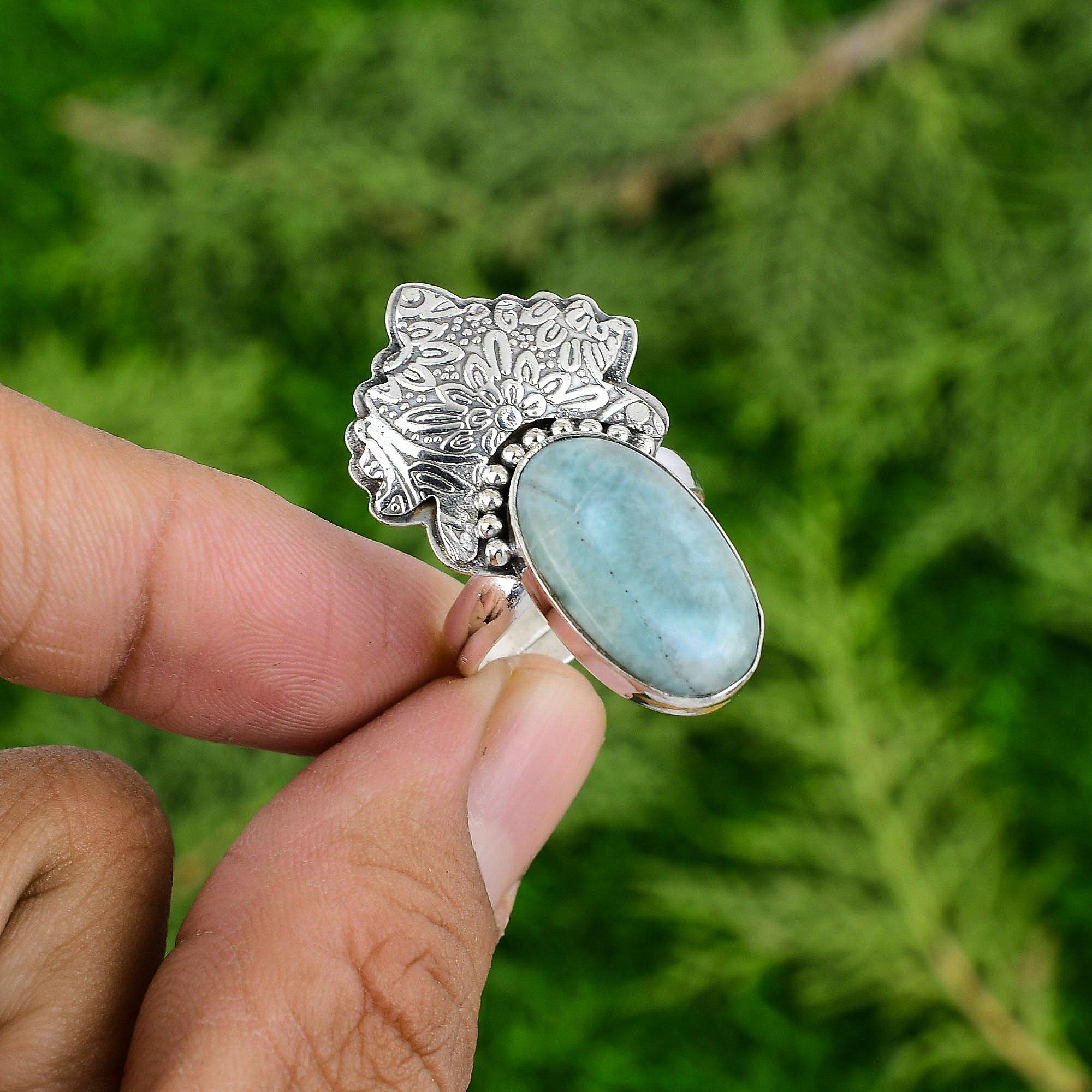

925 Silver Oval Throat Chakra Natural Larimar Solitaire Promise Daughter Ring Adjustable
