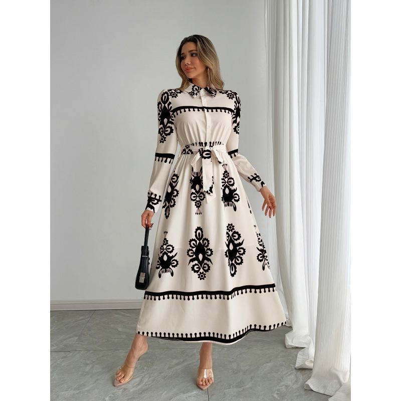 European & American Fashion Long Sleeve Printed Shirt Dress with Turn-Down Collar XXL