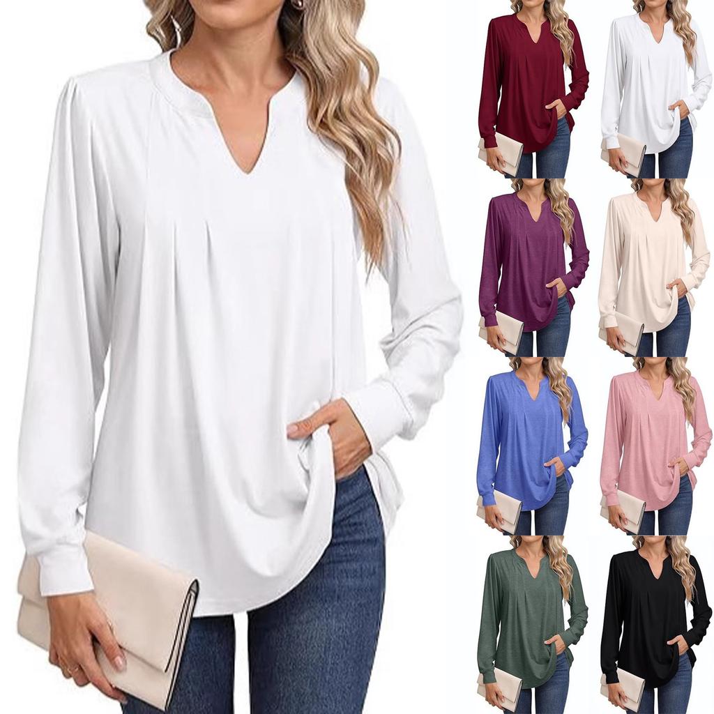 Women's Fashion Casual Long Sleeve Tops Solid Color V-Neck Tops