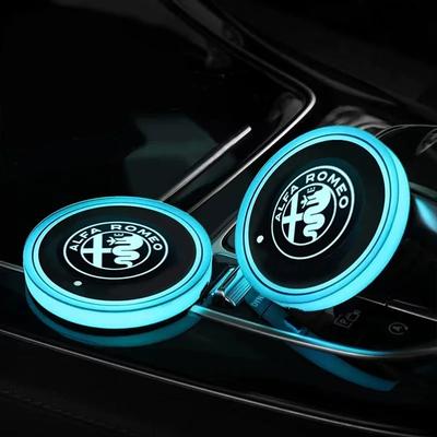 2pcs Car LED Smart Water Cup Mat USB Light Drink Holder Coaster for Logo 155 156 159 Giulia Mito Stelvio 4C GT Spider